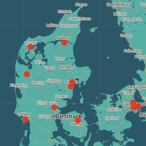 Danmarkskort med markering af korenes placeringer